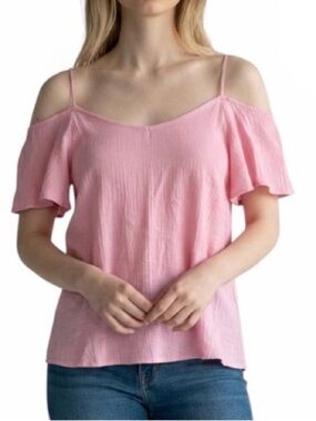 Speed Limit Pink Textured Cold Shoulder Flutter Sleeve Blouse Top - Size L